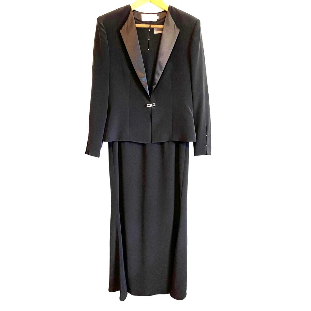 Cameron Blake 2 Piece Black Formal Dress Short Jacket Set Satin Maxi Size 10